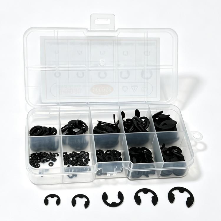 E-clip retaining rings assortment kit with open clear case and black clips sorted