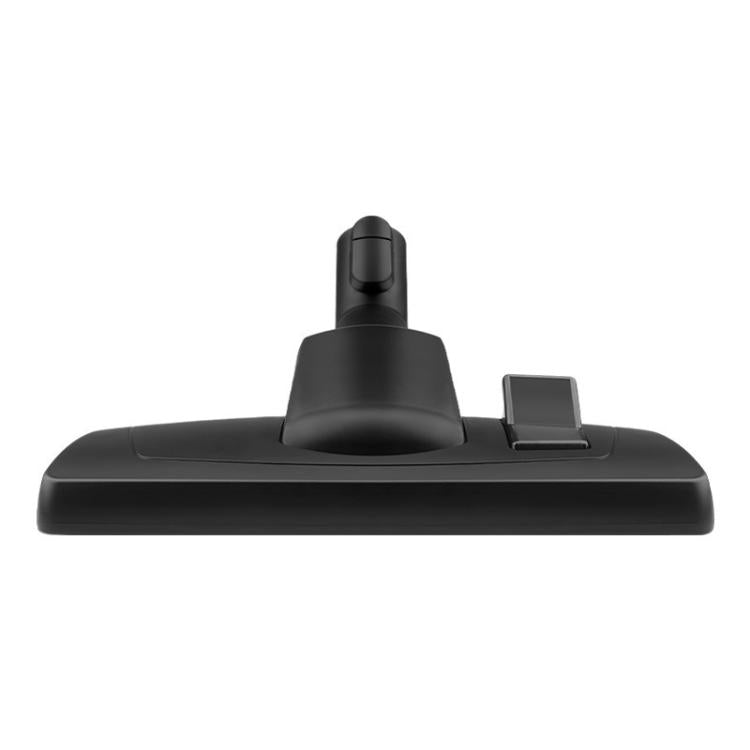 Black vacuum floor brush head, wide base with front swivel neck and latch.