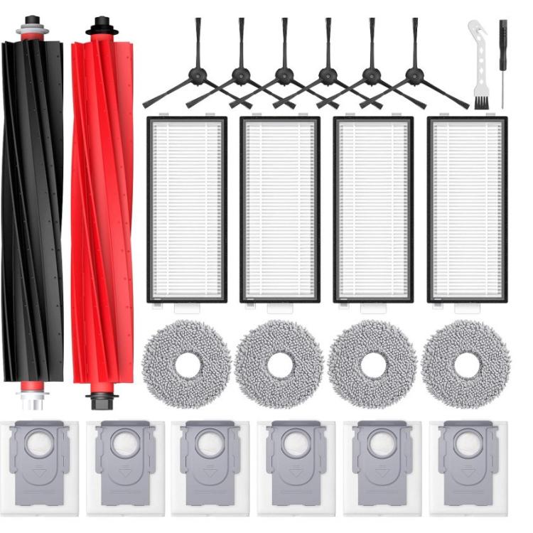 Replacement robot vacuum brush and filter kit: black/red main brushes, mop pads, dust bags