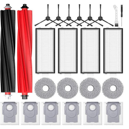 Replacement robot vacuum brush and filter kit: black/red main brushes, mop pads, dust bags