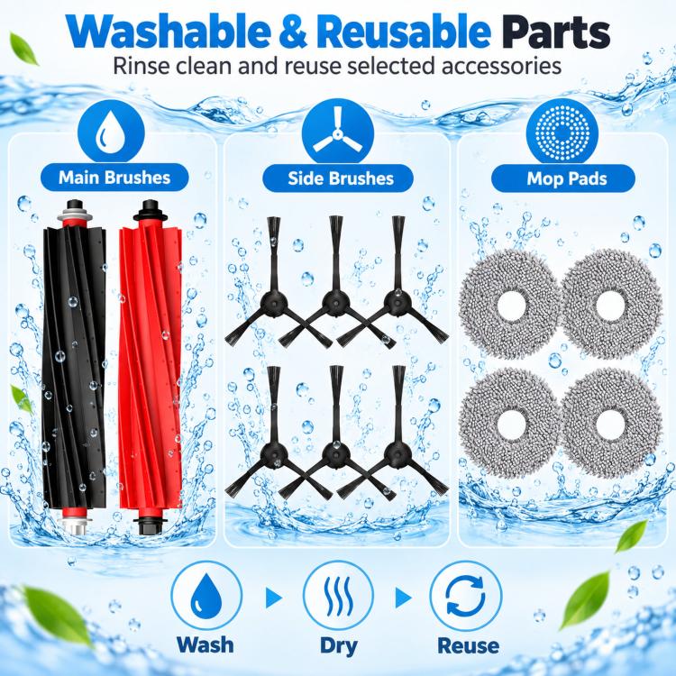 Washable robot vacuum replacement parts: main brushes, side brushes, mop pads