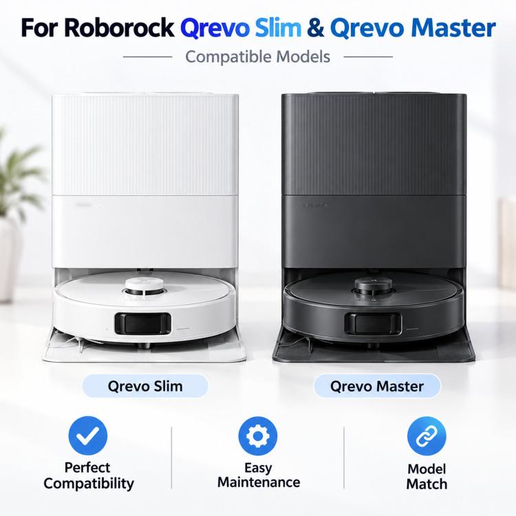 Compatible robot vacuums shown in white and black (Qrevo Slim and Qrevo Master)