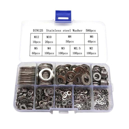 Assorted stainless steel flat washers set in clear plastic box with divided compartments