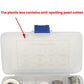 Clear plastic storage box with blue latch, stainless washers visible inside