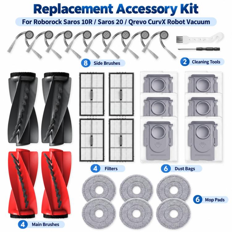 Replacement robot vacuum kit: two side brushes, filters, dust bags, and mop pads set