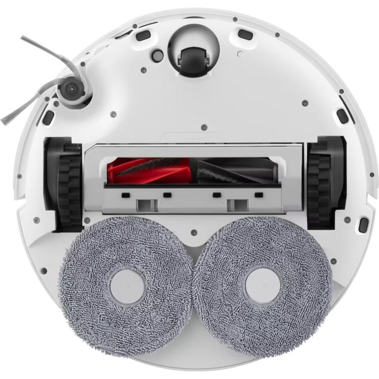 Robot vacuum bottom view with two gray mop pads and red main brush