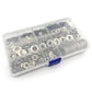 Assorted stainless flat washers in clear plastic organizer box with blue latch