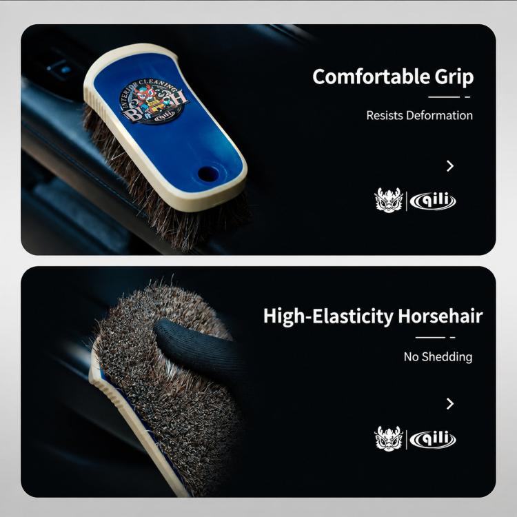 Horsehair brush with dense bristles and blue handle, close-up view