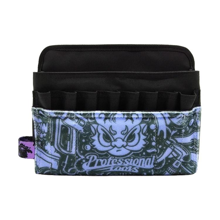 DIY wrap tool pouch with black top, blue patterned pockets, and hook-and-loop flap