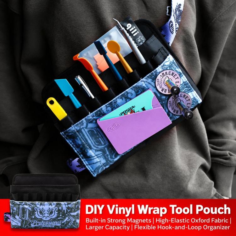 Wrap tool pouch open with organizer pockets holding assorted tools on gray fabric