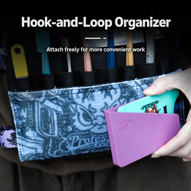 Wrap tool pouch with hook-and-loop organizer pockets and purple accessory in front