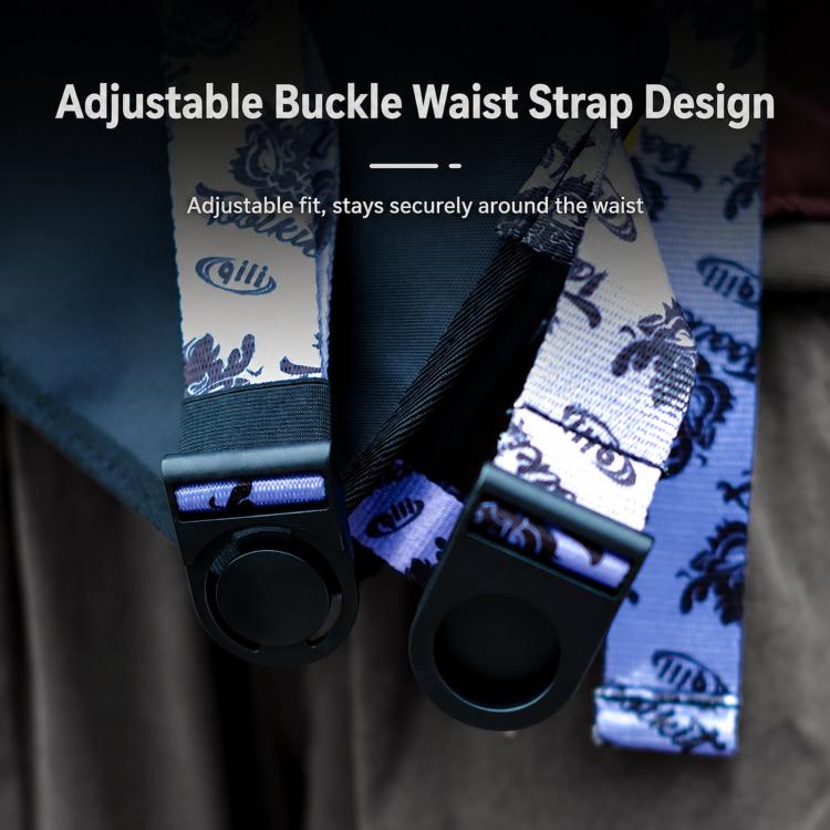 Adjustable waist strap with black buckle on blue patterned wrap tool pouch
