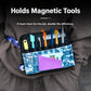 Wrap tool pouch with tool holders and purple card pocket on gray fabric
