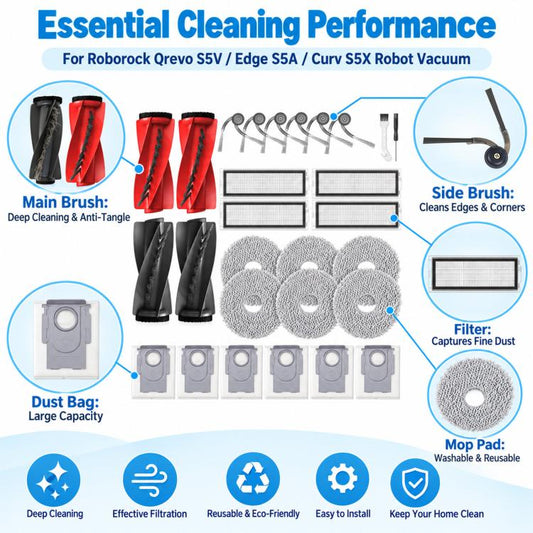 Replacement For Roborock Qrevo S5V / Edge S5A / Curv S5X Robot Vacuum, 26 In 1 Kit, 1 Pair Roller Brush, Filter, Side Brush, Dust Bag, Mop Pad