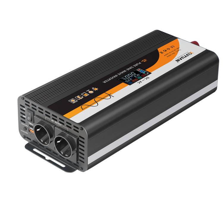 Pure sine wave inverter, black aluminum housing with twin AC output sockets on side