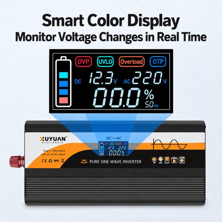 Pure sine wave inverter with smart color LCD display showing DC and AC voltage