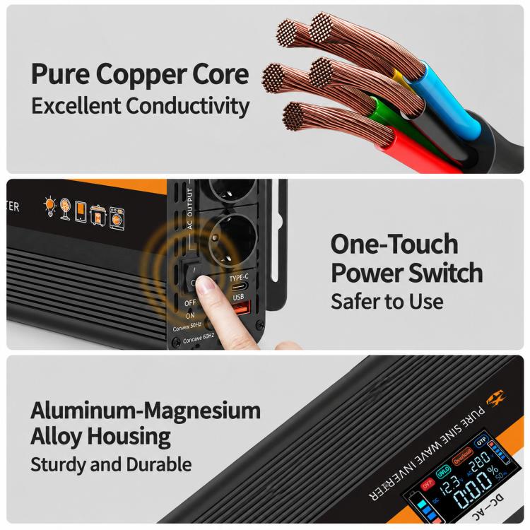 Pure sine wave inverter with cooling vents and one-touch power switch; metal alloy housing