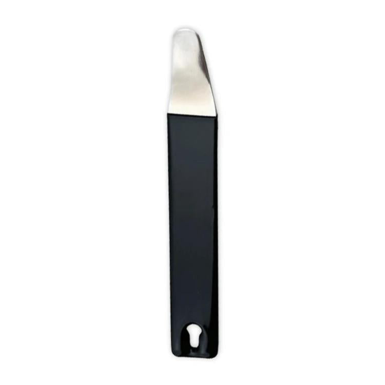 Black and silver automotive pry bar tool with nail-hole end for interior trim removal.