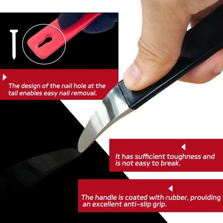 Hand holds red automotive pry bar tool near trim; curved silver tip for removal.