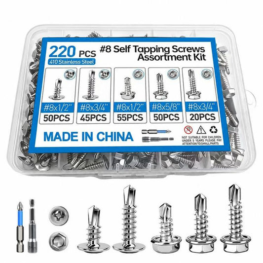 410 Stainless Steel Self Drilling Screws Assortment Kit Hex & Truss Head, 220 PCS/Box