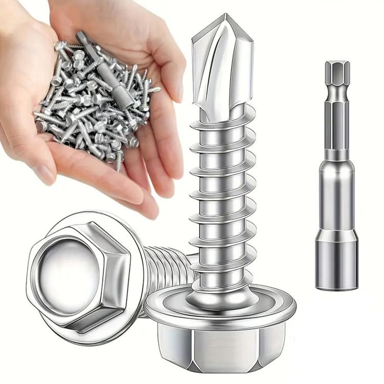 Handful of silver self-tapping screws with hex washer and truss heads