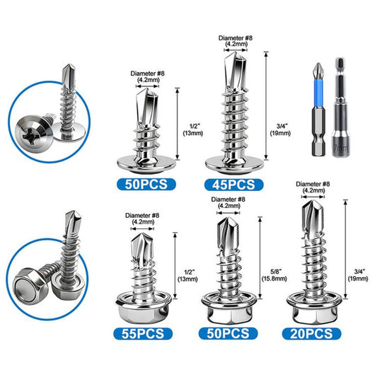 410 Stainless Steel Self Drilling Screws Assortment Kit Hex & Truss Head, 220 PCS/Box