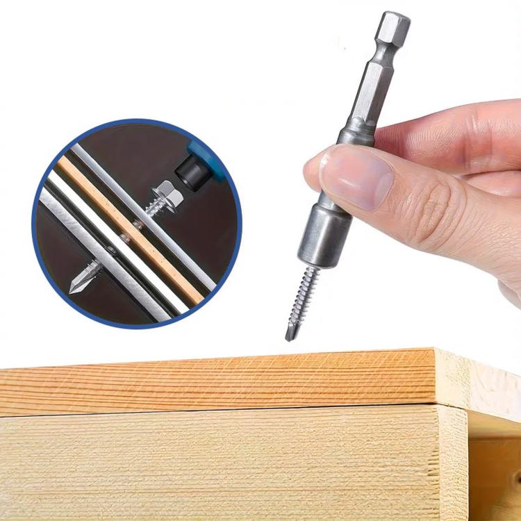 Stainless steel hex-washer self-tapping screw being driven into wood