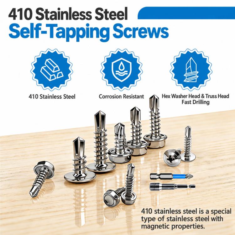 Stainless steel self-tapping screws with hex washer and truss heads on wood surface