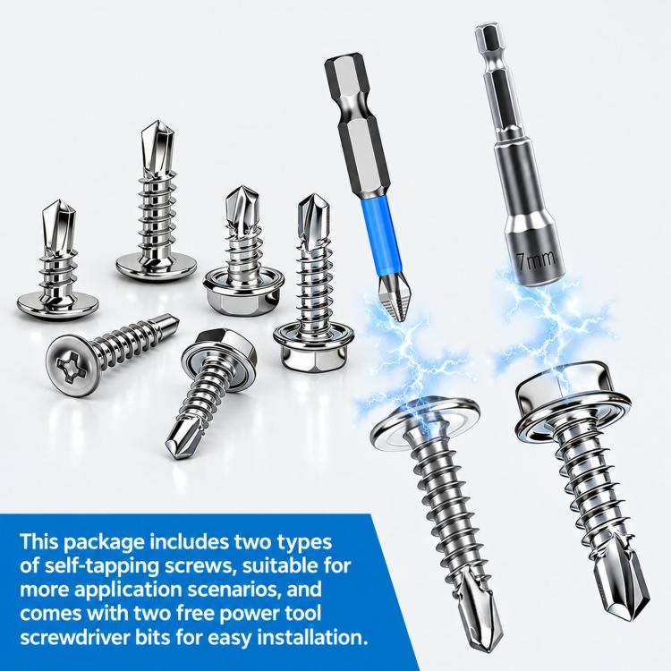 Stainless steel self-tapping screws with hex washer heads and one driver bit