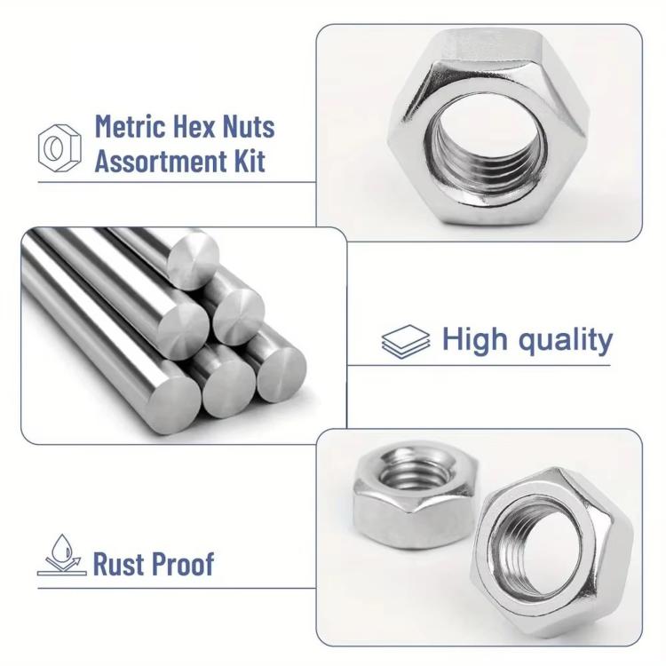Metric hex nut assortment kit with stainless hex nuts and bundled threaded rods