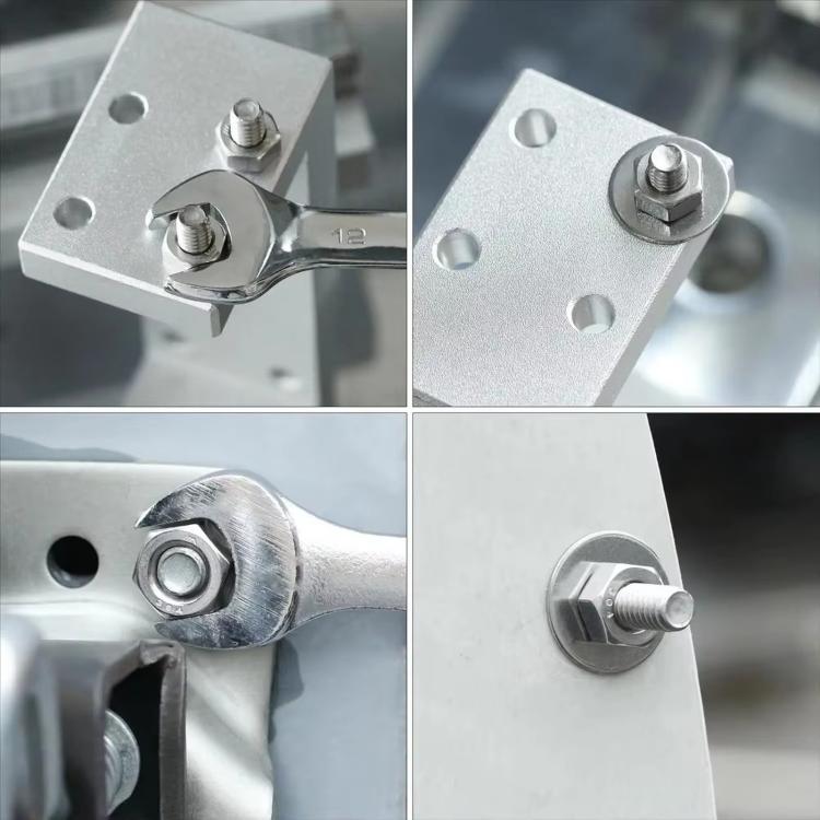 Stainless steel hex nuts fastened to a metal plate with threaded bolts