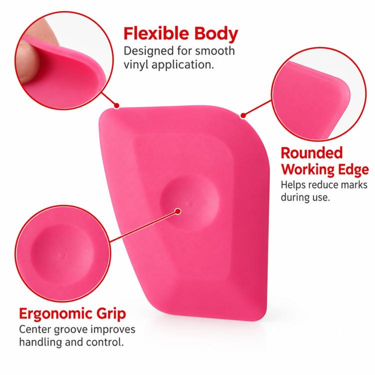Pink flexible squeegee with ergonomic grip groove and rounded working edge