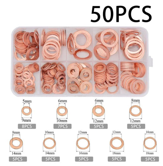M5-M14 Copper Metric Washer Sealing Set Solid Copper Flat Ring Crush Washer Kit, 50 PCS/Box, 100 PCS/Box