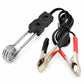 Immersion heating rod with U-shaped metal coil and red-black alligator battery clips