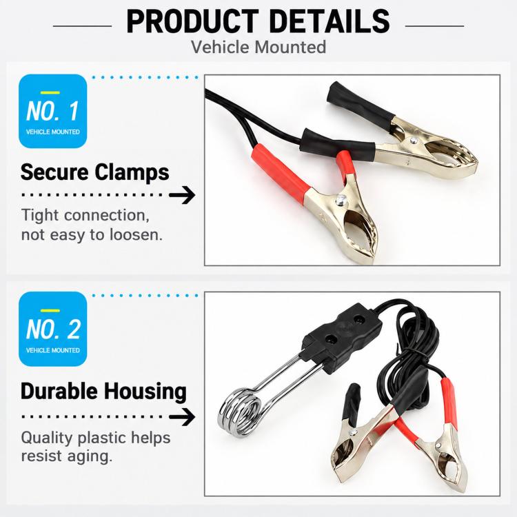 Vehicle-mounted immersion heater with coil head and red-tipped clamp battery leads