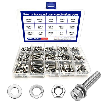 Stainless steel screw and nut kit, assorted M4–M6 sizes, 200-piece set in box