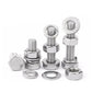 Stainless steel hex-head nuts and cross-drive bolts with washers, close-up set