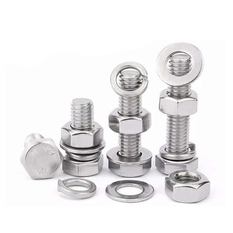 Stainless steel hex-head nuts and cross-drive bolts with washers, close-up set