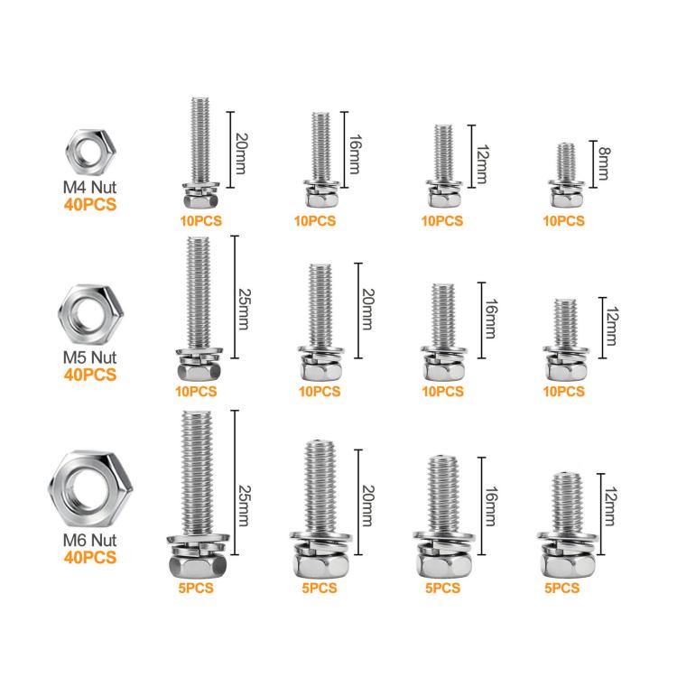 Assorted M4, M5, and M6 hex nuts and cross-drive screws, sized pieces shown