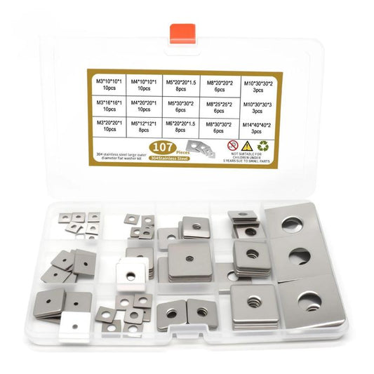 Stainless steel square flat washer kit with multiple sizes, 107-piece box