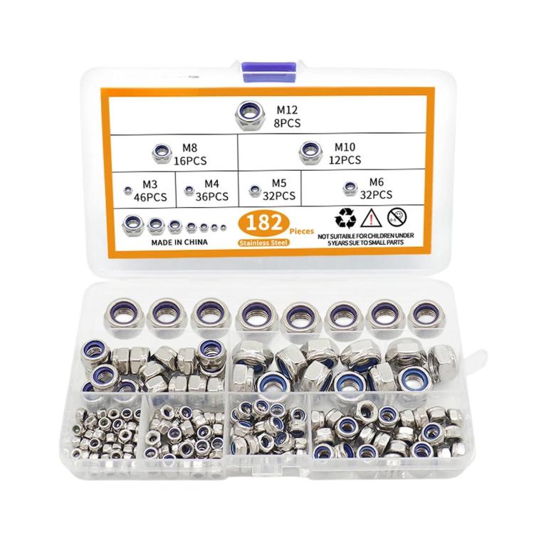 304 stainless steel nylon insert lock nut kit, 182 hex locknuts in M3–M12 sizes