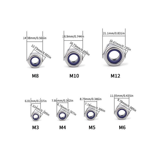 Hex nylon insert lock nuts with size labels M3, M4, M5, M6, M8, M10, M12