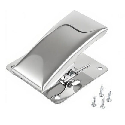 Stainless steel fish fillet clamp with silver body and base plate, includes screws