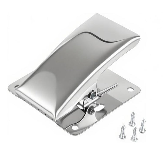 Stainless steel fish fillet clamp with silver body and base plate, includes screws