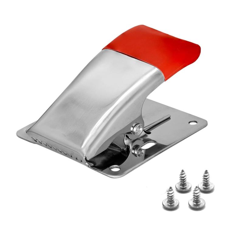 Stainless steel fish fillet clamp with red protective sleeve, base plate and screws