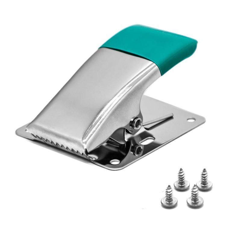 Stainless steel fish fillet clamp with green protective sleeve, base plate and screws