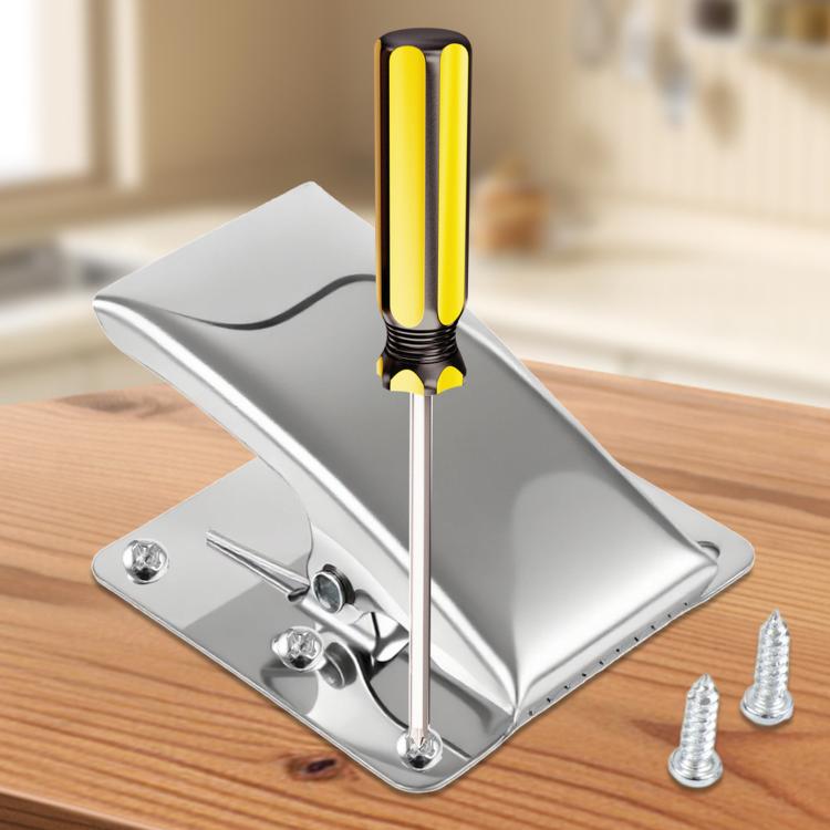 Stainless steel fish fillet clamp with base plate and yellow handle tool, includes screws