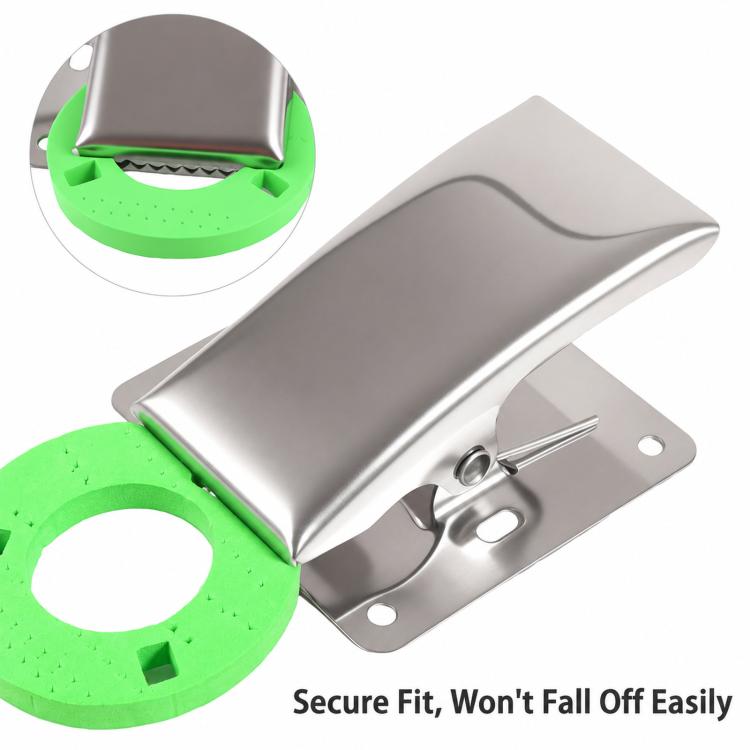Stainless steel fish fillet clamp with green protective cushion and base plate