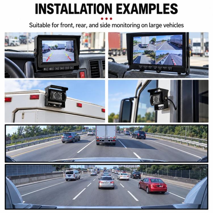 Mounted infrared reversing camera with screen showing road lane view inside vehicle