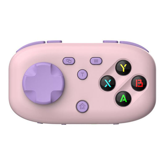 Pink mini pocket Bluetooth game controller with lavender left joystick and face buttons